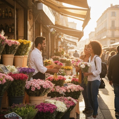 Jeune couple achetant une plante chez un fleuriste local avec un arrière-plan marseillais