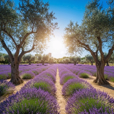 Beautiful Mediterranean garden with lavender and olive trees under the sun in Marseille