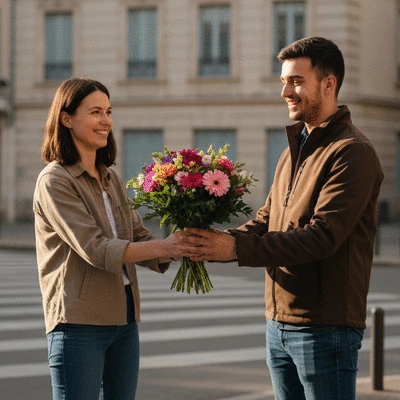 Woman happily receiving a bouquet of fresh flowers from a delivery person in Marseille, vibrant and natural lighting, no text, no words, no typography, no labels, clean image