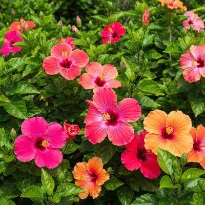Beautiful colorful tropical hibiscus flowers blooming in a garden with lush green leaves, bright natural light, no text, no words, no typography, no labels, clean image