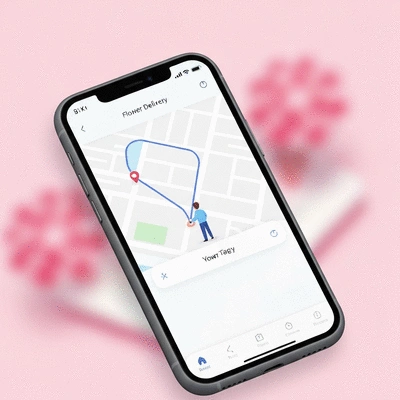 Mobile phone displaying a flower delivery tracking app with a map and delivery status, clean modern design