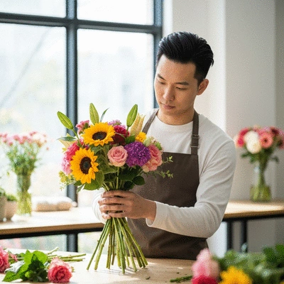 Artisan fleuriste composant un bouquet avec des fleurs fraîches et colorées dans un atelier lumineux