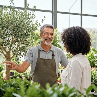Gardener giving advice to a customer in a local plant nursery