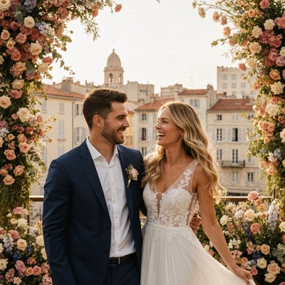 Wedding couple with beautiful floral decorations, soft focus, natural light, no text, no words, no typography, clean image