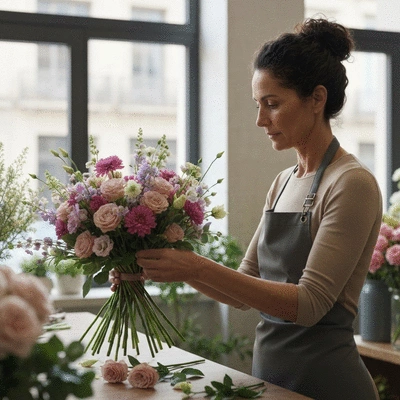 Fleuriste local assemblant un bouquet de fleurs fraîches à Marseille