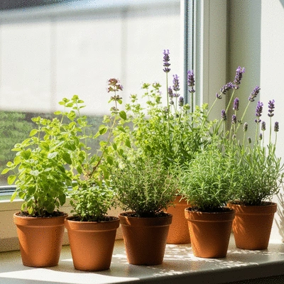 Assortiment de plantes aromatiques en pot sur un rebord de fenêtre ensoleillé