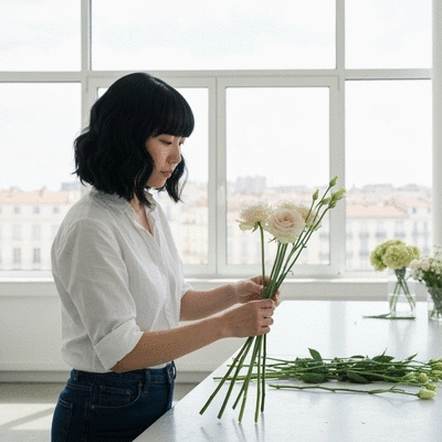 Female florist arranging a minimalist bouquet in a bright, modern workshop in Marseille