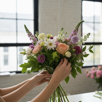A close-up of hands arranging a bouquet of seasonal flowers, showing delicate petals and green foliage, in a bright and airy floral studio, no text, no words, no typography, clean image