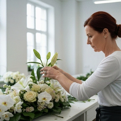 Fleuriste arrangeant des fleurs de deuil dans un atelier, lumière naturelle