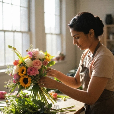 Artisan fleuriste composant un bouquet personnalisé avec diverses fleurs colorées