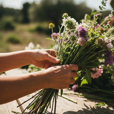 Close-up of hands arranging eco-responsible flowers in a rustic, natural setting in Marseille