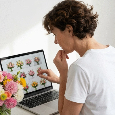 Person choosing flowers online on a laptop, with a beautiful bouquet next to it
