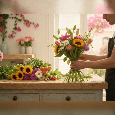 Fleuriste préparant un bouquet de fleurs fraîches pour la livraison à Marseille