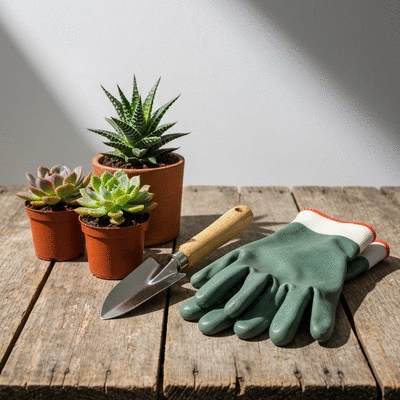 Gardening tools and small succulents on a wooden table