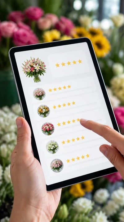 Gros plan d'une main tenant une tablette affichant des avis clients pour un fleuriste, avec des étoiles de notation et des commentaires positifs, sur fond flou de bouquets de fleurs.