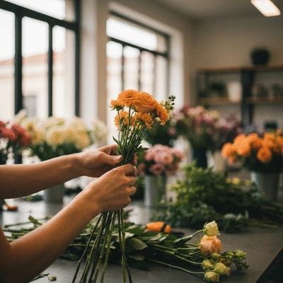 Gros plan sur des mains arrangeant des fleurs de saison dans un atelier floral à Marseille
