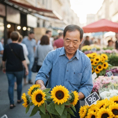 Person choosing flowers at a vibrant flower market in Marseille