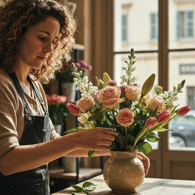 Artisan florist arranging a custom bouquet with local seasonal flowers in Marseille