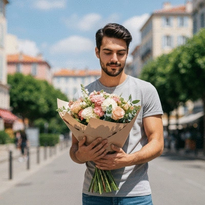 Personne transportant un bouquet de fleurs fraîches soigneusement emballé