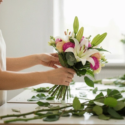 Fleuriste préparant un bouquet de mariage avec des fleurs fraîches