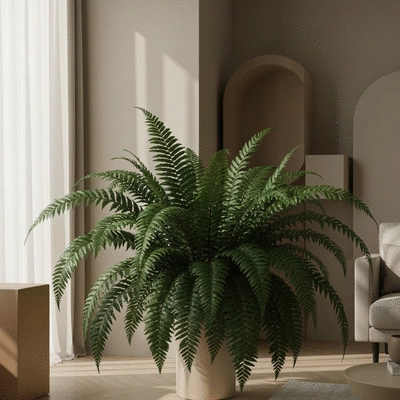 Large, healthy indoor plant in a modern living room setting, sunlight streaming in