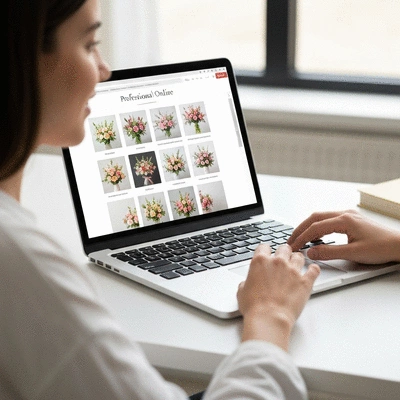 Person using a laptop to order flowers online from a professional florist website