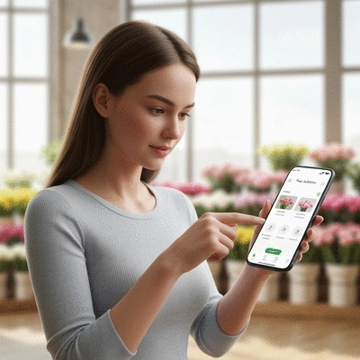 Personne utilisant une application de fleuriste sur smartphone pour commander des fleurs