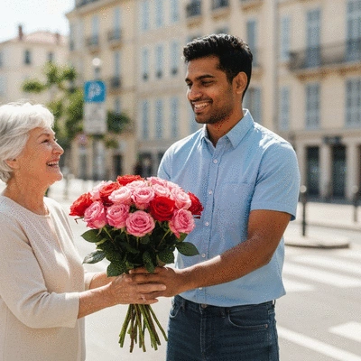 Livreur de fleurs remettant un bouquet en main propre à une cliente souriante
