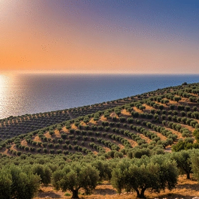 Panoramic view of terraced olive groves on a hillside overlooking the Mediterranean Sea in Marseille, bathed in golden hour light, no text, no words, no typography, no labels, clean image