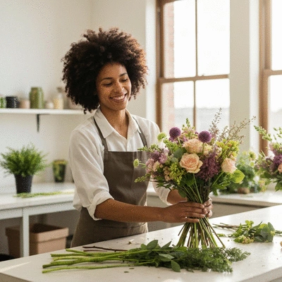 Artisan fleuriste à Marseille préparant un bouquet de plantes durables