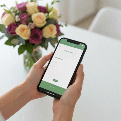 Femme vérifiant l'adresse de livraison sur un smartphone pour une commande de fleurs