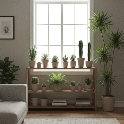 Plantes d'intérieur variées sur une étagère en bois dans un intérieur lumineux à Marseille