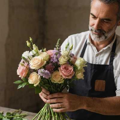 Artisan fleuriste à Marseille préparant un bouquet avec des fleurs locales et de saison