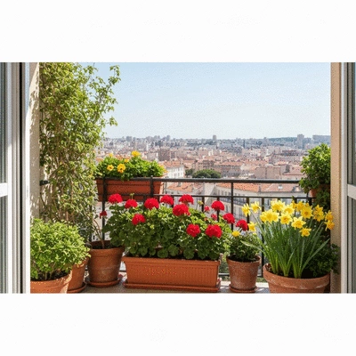 Beautiful Mediterranean balcony with various outdoor plants in pots, sunny day, Marseilles cityscape in background