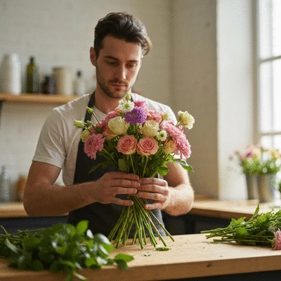 Un fleuriste artisan créant un bouquet personnalisé dans son atelier à Marseille