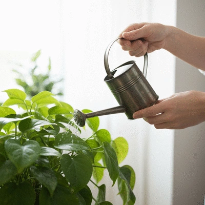 Person watering a healthy indoor plant with a small watering can, close-up on hands and plant, natural light, no text, no words, no typography, clean image, 8K