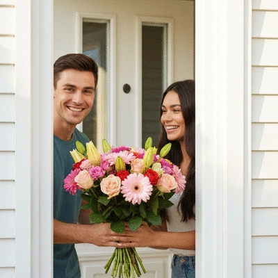 Happy couple receiving a flower delivery at their doorstep, bright and joyful scene