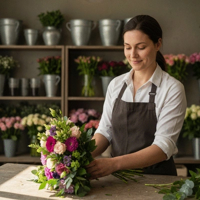 Fleuriste local à Marseille préparant un bouquet avec des fleurs fraîches