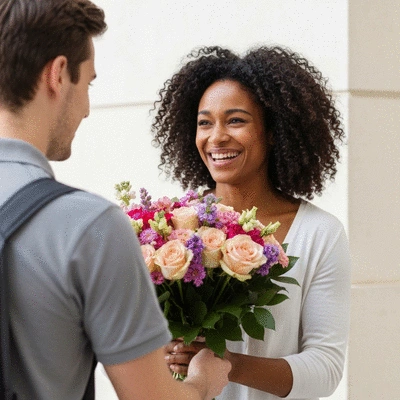 Woman happily receiving a flower bouquet from a delivery person, illustrating excellent customer service in Marseille