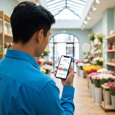 Modern smartphone displaying a loyalty app with points and exclusive offers, held by a customer in a flower shop