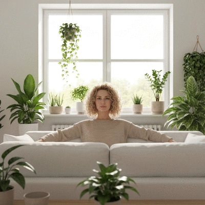 Woman relaxing in a Scandinavian-style living room with various green plants, natural light, no text, no words, no typography, clean image