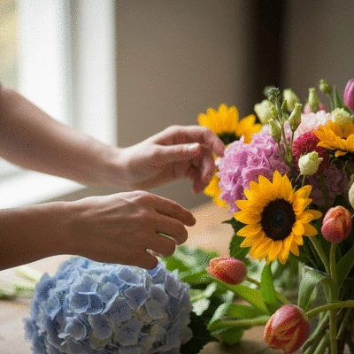Close-up of fresh, seasonal flowers being arranged by a florist, highlighting local produce and sustainable practices, soft focus background, no text, no words, no typography, no labels, clean image