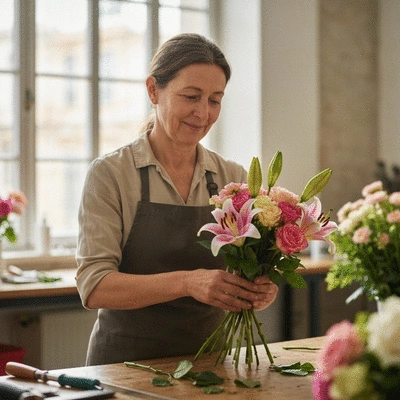 Artisan fleuriste arrangeant un bouquet de fleurs fraîches et colorées dans son atelier à Marseille